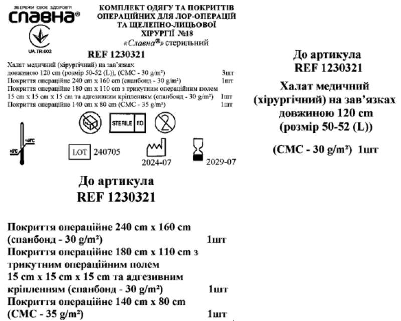 Комплект одягу та покриттів операційних для ЛОР-операцій та щелепно-лицьової хірургії №18 «Славна®» стерильний